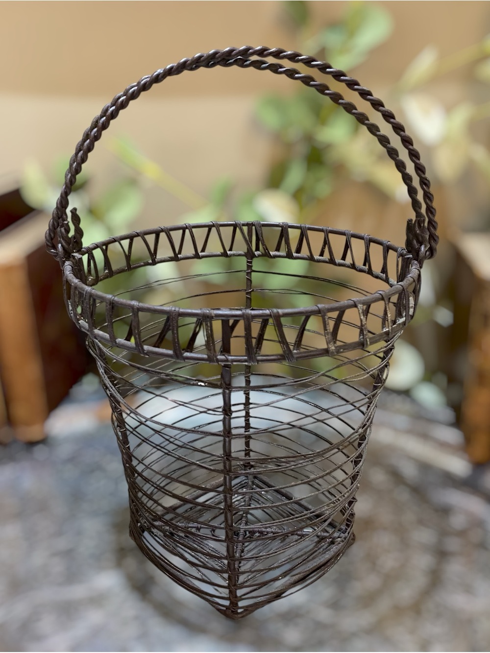 Vintage Wire Metal Woven French Basket Double Moveable Handles Egg Brown